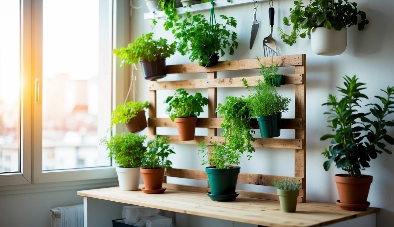 A small apartment with a DIY pallet herb shelf, various herbs growing in pots, hanging planters, and vertical gardening solutions