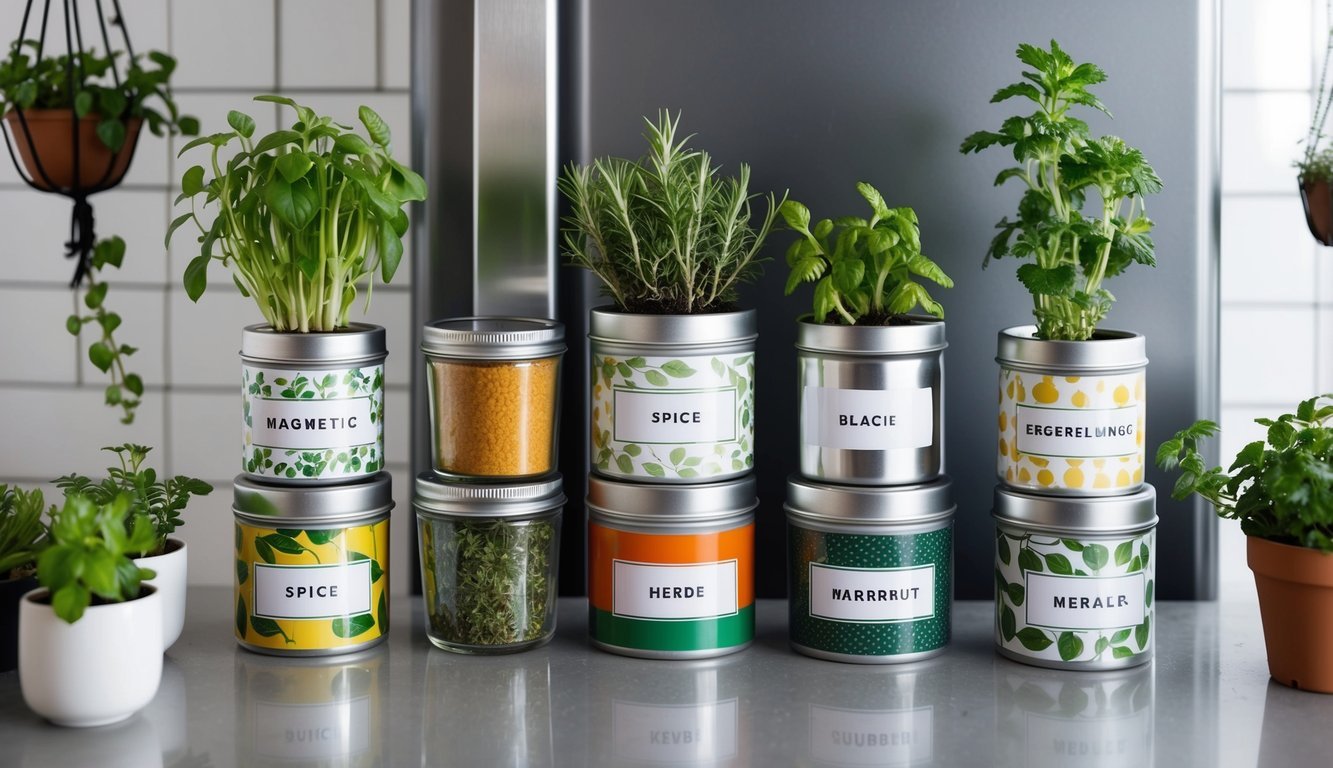 Seven magnetic spice tins arranged on a fridge, each containing a different herb plant, surrounded by small potted plants and hanging planters