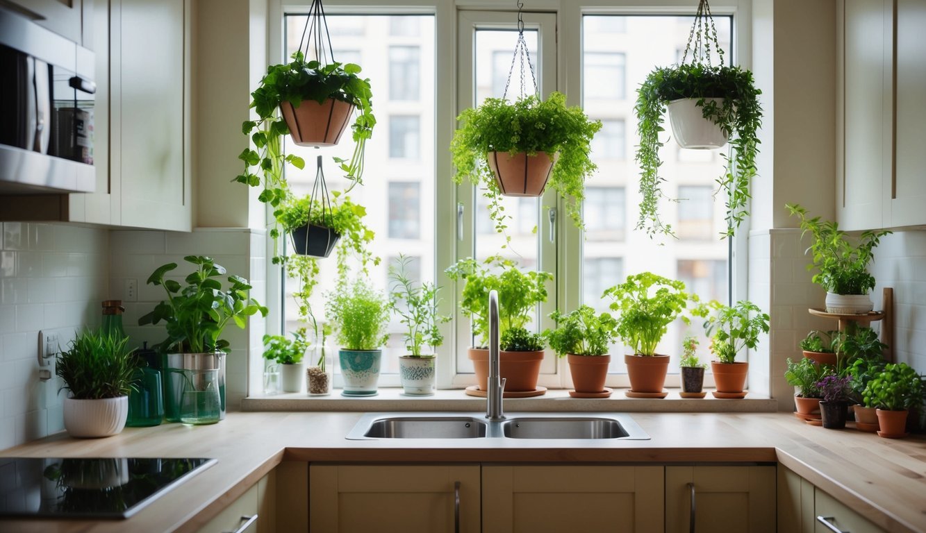 A cozy apartment kitchen with a variety of creative herb-growing setups, including hanging planters, vertical gardens, and windowsill pots