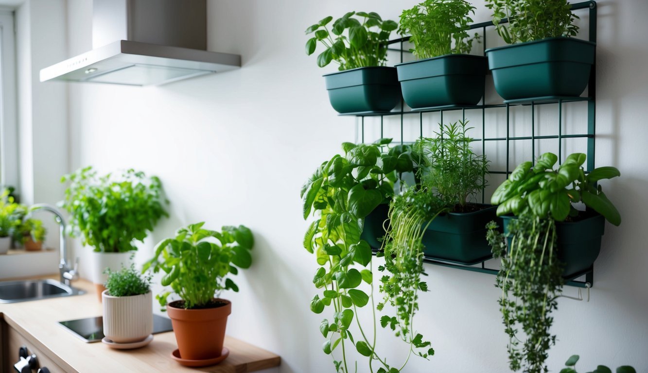 A small apartment with shelves, hanging planters, and a vertical garden system filled with various herbs flourishing in the limited space