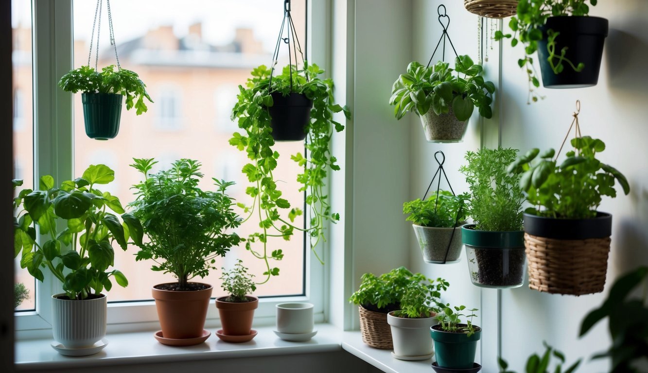 A small apartment with various creative herb-growing setups, including hanging planters, vertical gardens, and windowsill pots