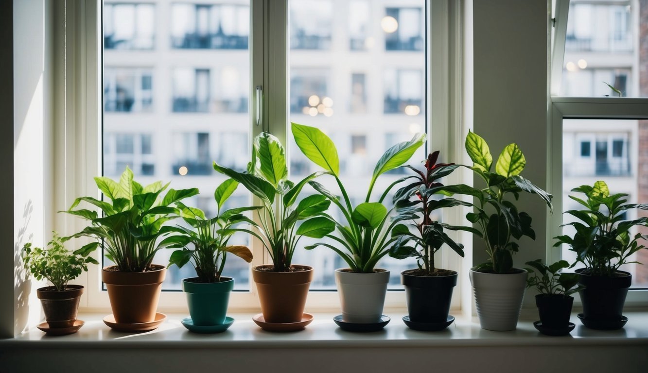 A cozy city apartment with 7 thriving plants in various pots, placed near different windows, receiving ample sunlight