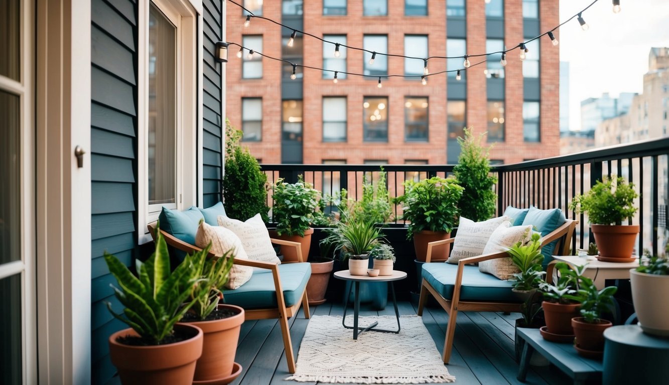 A cozy urban balcony oasis with potted plants, string lights, comfortable seating, and a small table for enjoying the outdoors