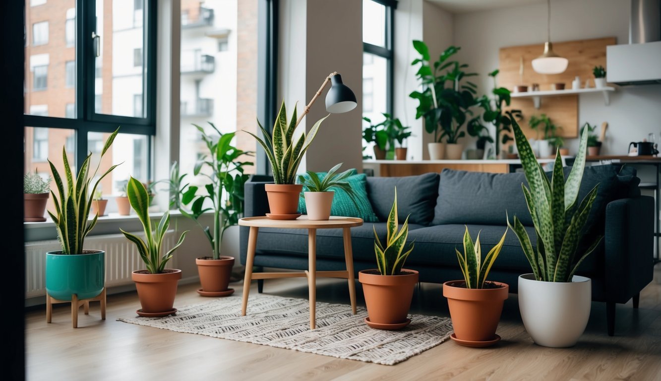 A cozy urban apartment with a variety of potted plants, including a snake plant, placed strategically around the living space