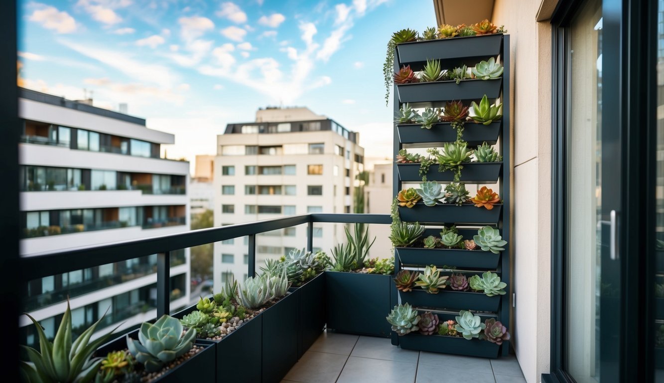 A balcony with a vertical garden of succulents, surrounded by urban buildings