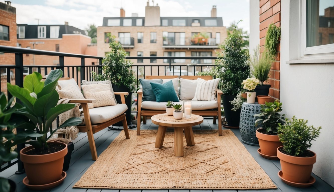 A cozy outdoor rug surrounded by potted plants and comfortable seating on a small urban balcony