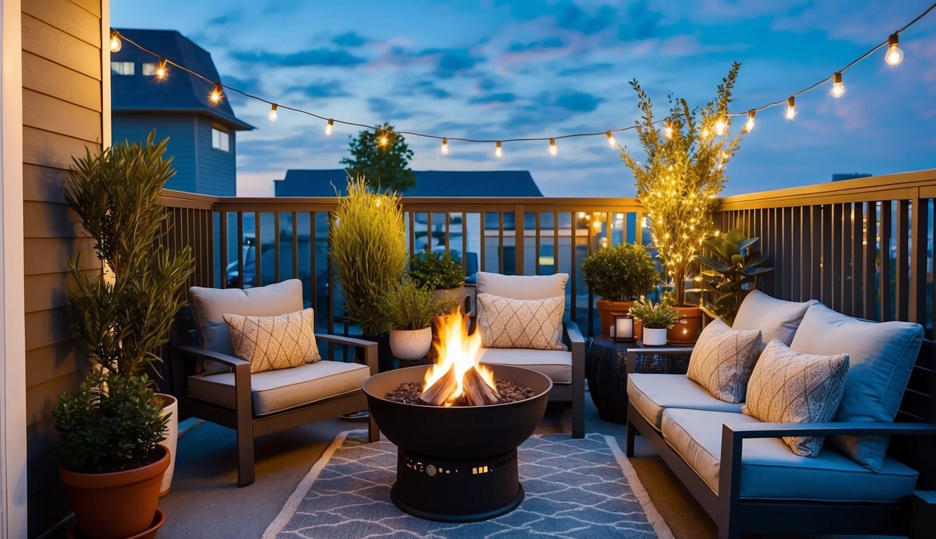 A cozy balcony with a portable fire pit surrounded by potted plants, twinkling string lights, and comfortable seating for a peaceful urban oasis