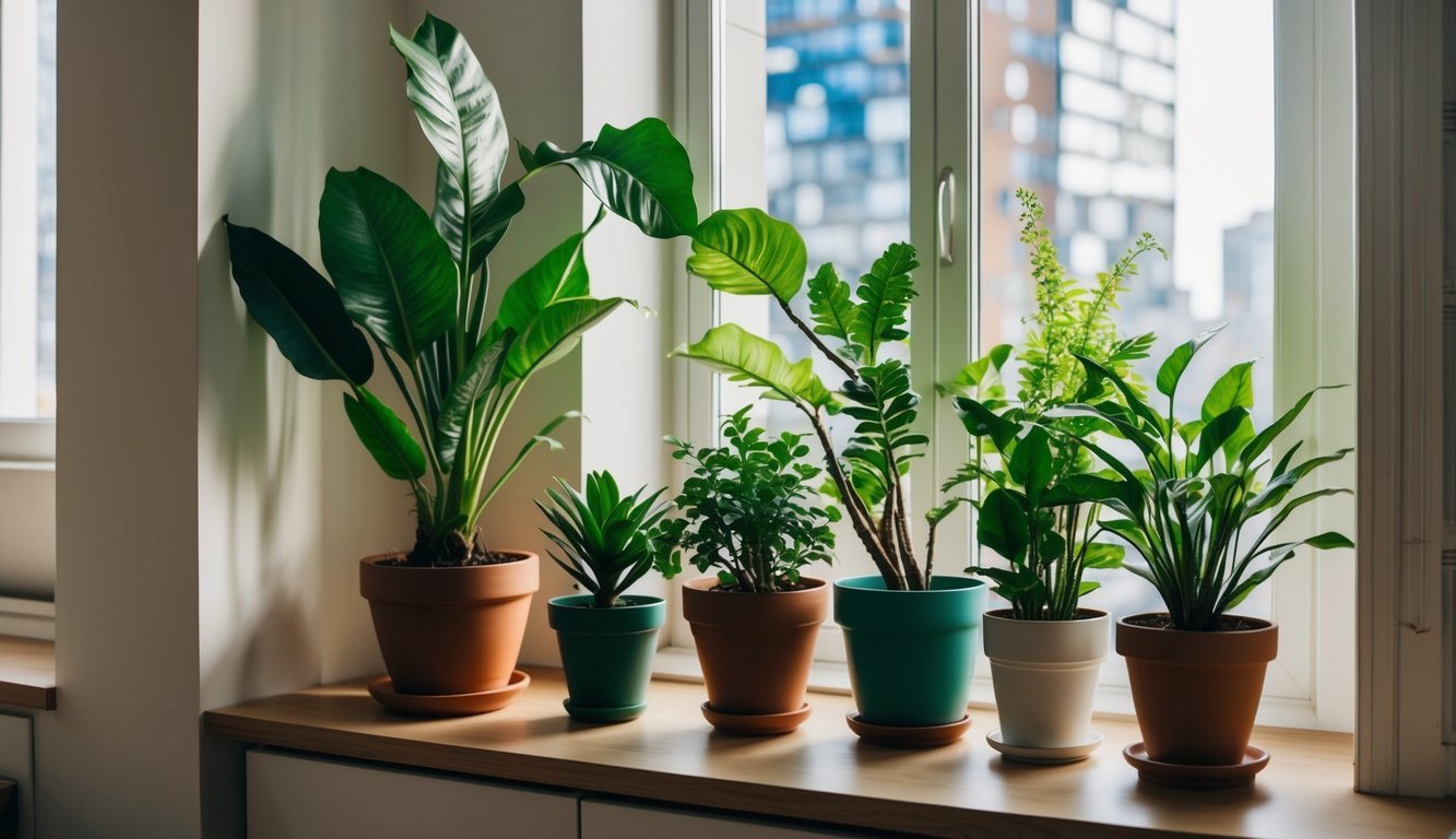 A cozy city apartment with a ZZ plant and six other thriving indoor plants in various pots, placed near a window with sunlight streaming in