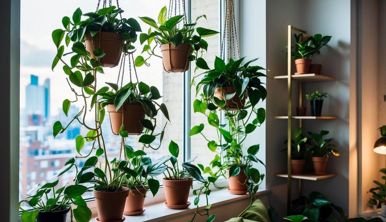 A cozy city apartment with 7 thriving Pothos plants cascading from hanging planters, perched on shelves, and adorning the windowsills