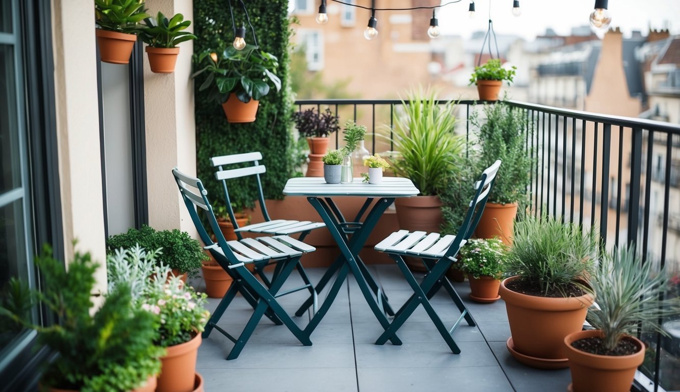 A cozy balcony with a foldable bistro set surrounded by potted plants, hanging lights, and a small water feature, creating a tranquil urban oasis