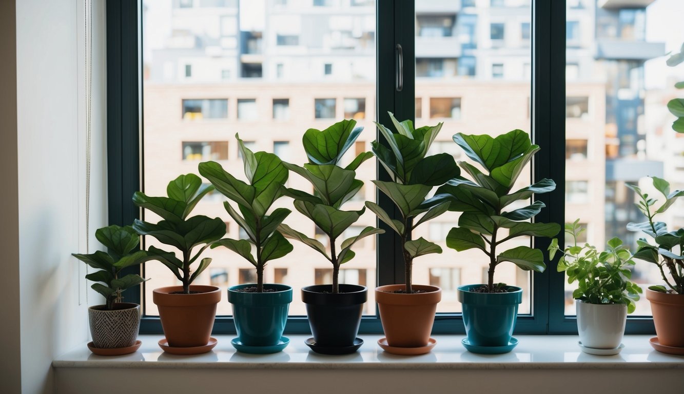 A cozy urban apartment with a row of potted Fiddle Leaf Fig plants by a sunny window
