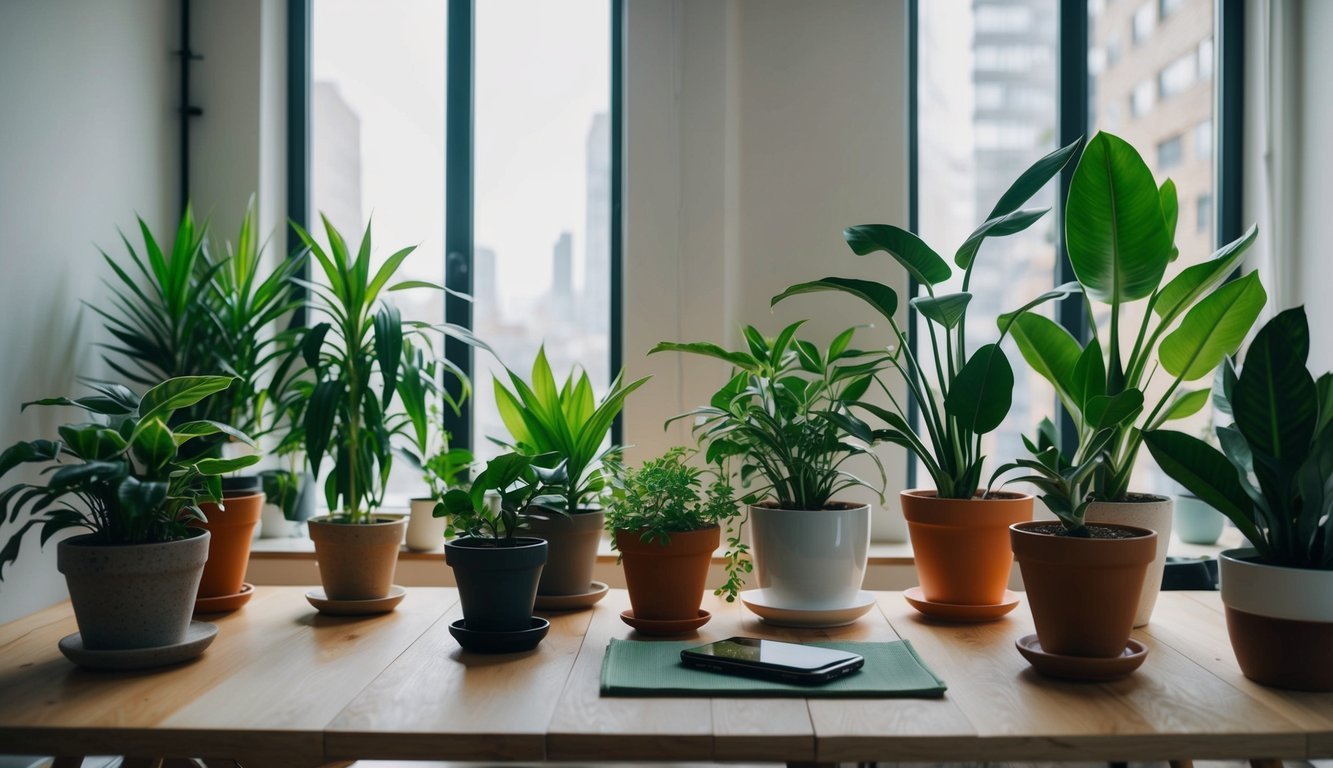 A cozy city apartment with 7 thriving indoor plants in various pots scattered around the room, adding a touch of greenery and life to the space
