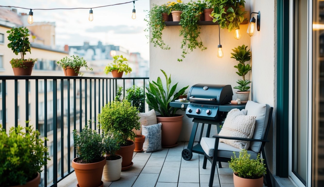 A small balcony with a compact grill surrounded by potted plants, cozy seating, and hanging lights creating a peaceful urban oasis