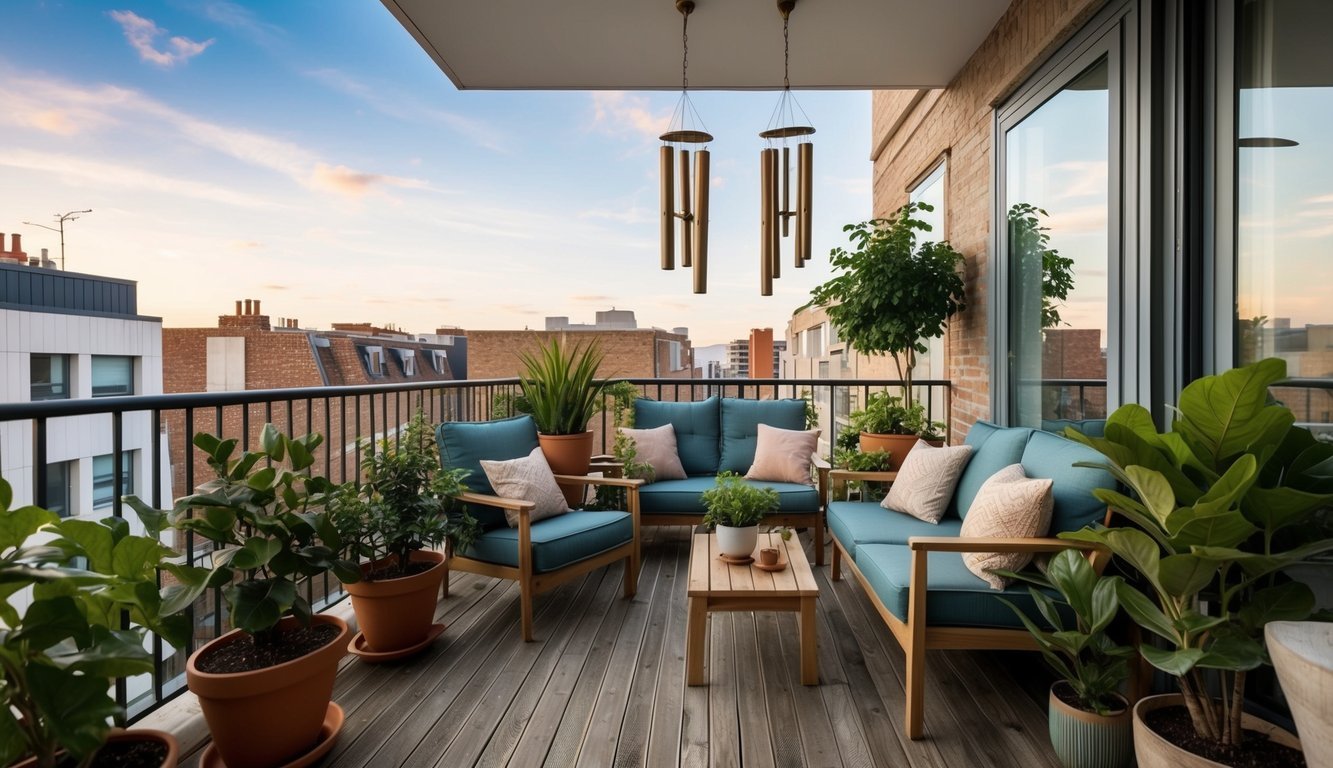 A cozy urban balcony with potted plants, comfortable seating, and a set of wind chimes hanging from the ceiling for a peaceful ambiance