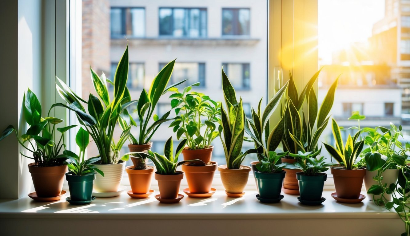 A cozy city apartment with a variety of thriving plants, including spider plants, snake plants, and pothos, arranged on windowsills and shelves.</p><p>Sunlight streams in through the windows, illuminating the greenery
