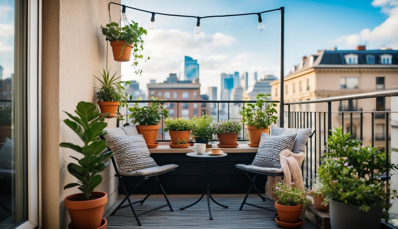 A small balcony with potted plants, a cozy seating area, hanging lights, and a small table with a cup of coffee.</p><p>City buildings in the background