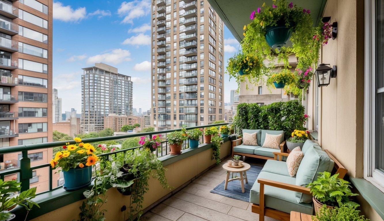 A cozy balcony with lush greenery, hanging plants, colorful flowers, and comfortable seating, surrounded by tall buildings in an urban setting