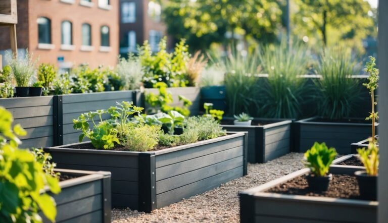 Raised garden beds with various plants on a rooftop
