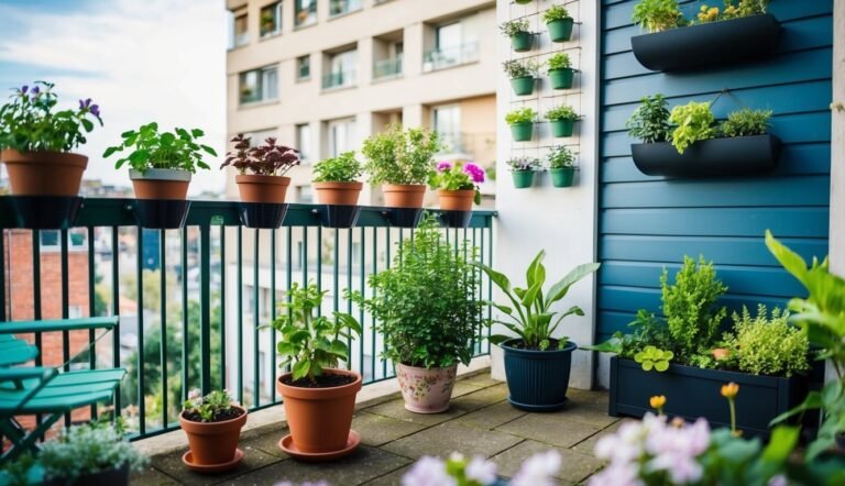 Balcony garden with various potted plants, including hanging and wall-mounted planters