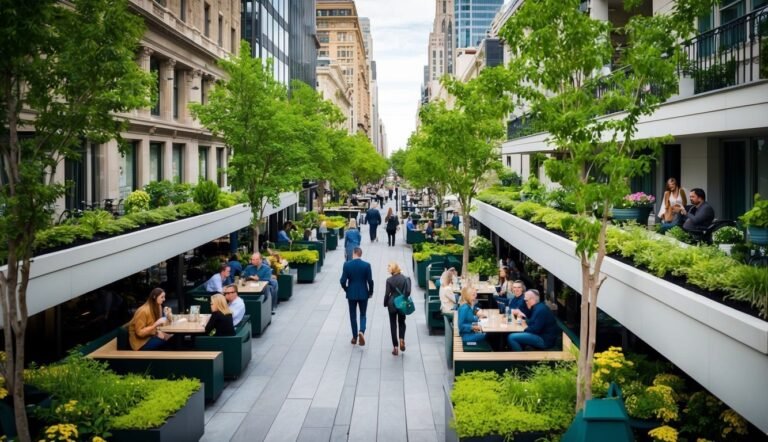 Outdoor dining area with trees, planters, and people in a city street