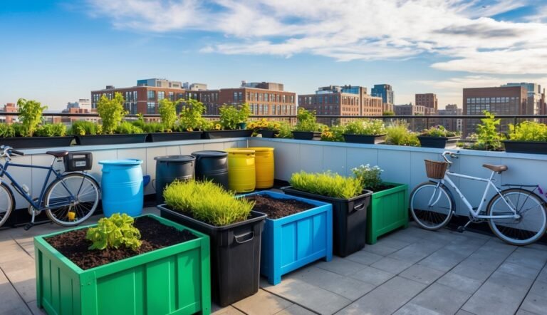 Rooftop garden with colorful planters, barrels, and bicycles, city skyline in background