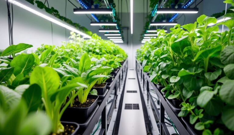 Rows of leafy green plants growing in a vertical farm under lights