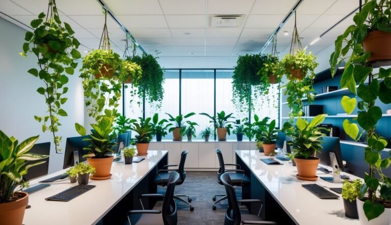 Modern office space with desks, computers, and many potted plants