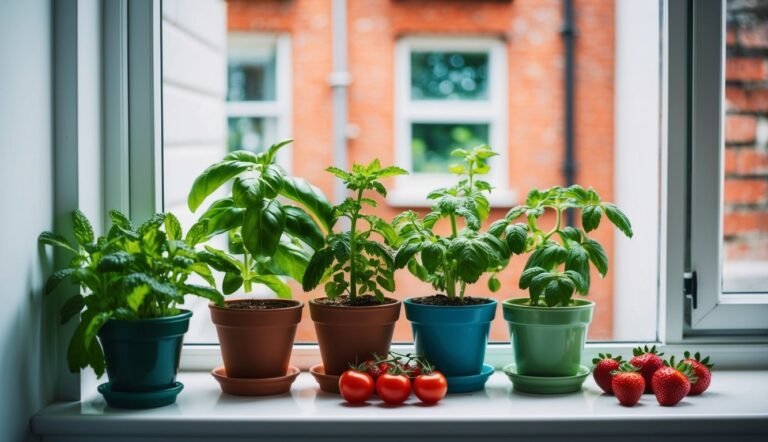 Potted herbs, tomatoes, and strawberries on a windowsill with a brick background