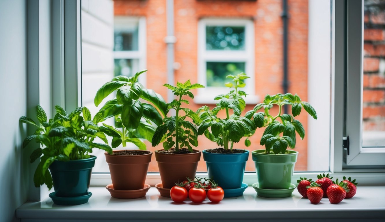 A small urban kitchen with pots of basil, mint, cherry tomatoes, green onions, and strawberries growing on the windowsill