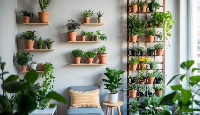 Indoor space with many potted plants on shelves and a trellis