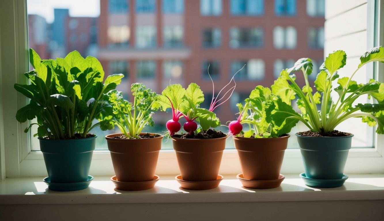 A small urban kitchen garden with five different fast-growing edible plants, including radishes, neatly arranged in pots on a sunny windowsill