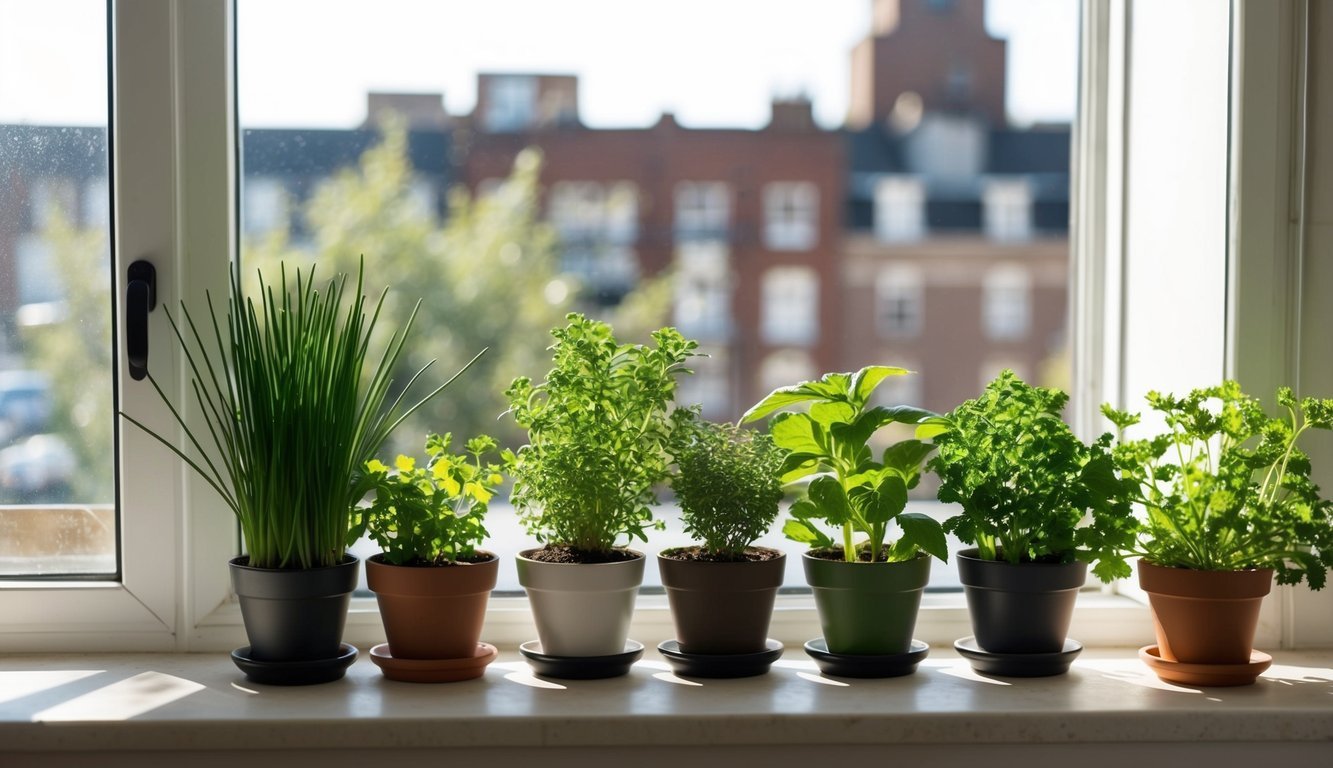 A small urban kitchen with pots of chives, basil, mint, thyme, and parsley growing on a sunny windowsill