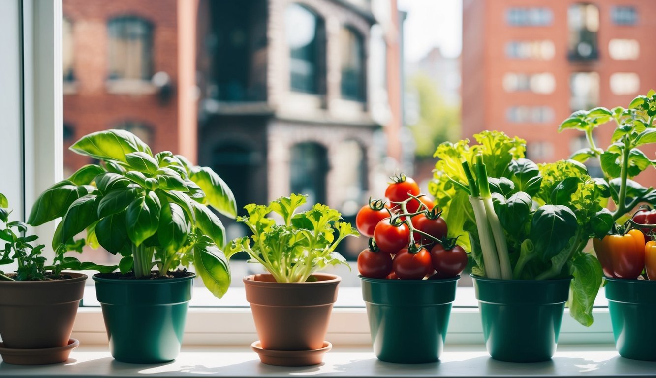 A small urban kitchen with pots of basil, cherry tomatoes, green onions, lettuce, and peppers growing on a sunny windowsill