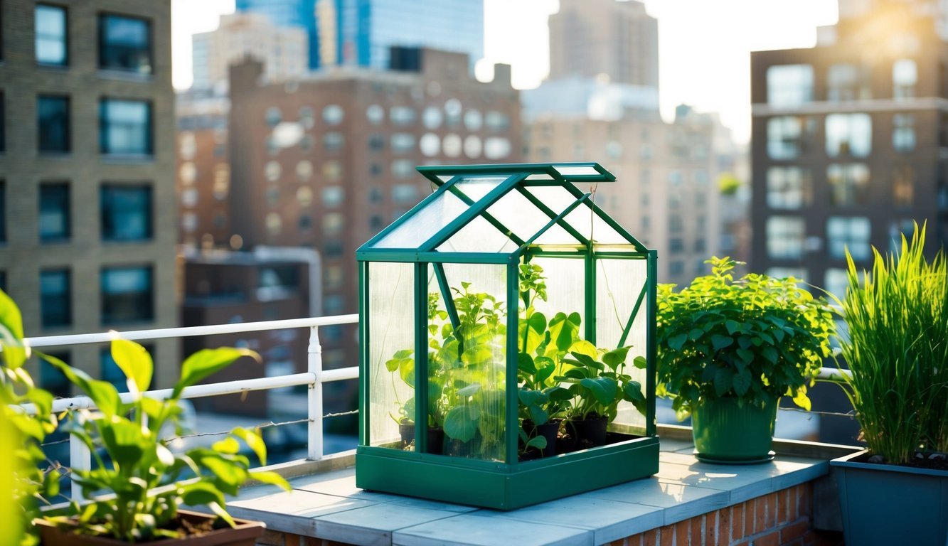 A mini greenhouse sits on a rooftop terrace, surrounded by city buildings.</p><p>Lush green plants thrive inside, shielded from the urban environment.</p><p>Sunshine filters through the glass, nurturing the growing vegetation