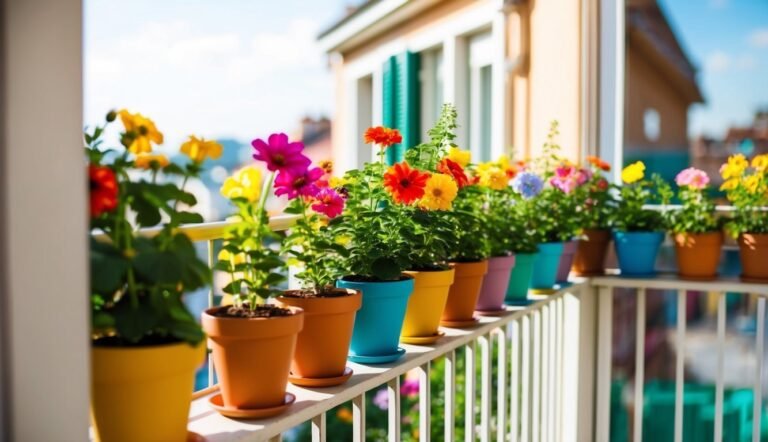 Colorful flowers in pots on a balcony railing, sunny day