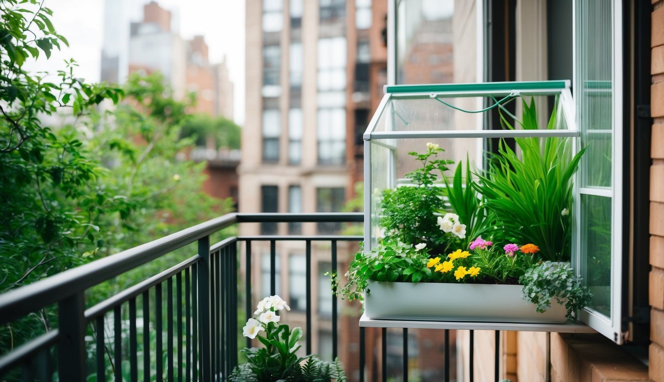 A mini greenhouse nestled on a city apartment balcony, filled with lush green plants and flowers.</p><p>Clean air filters through the open windows, bringing a sense of peace and tranquility to the urban home