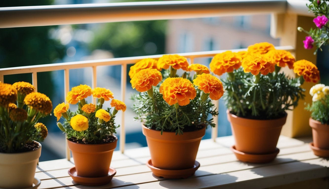 A balcony with potted marigolds in bloom, surrounded by other compact flower varieties, under the sunlight