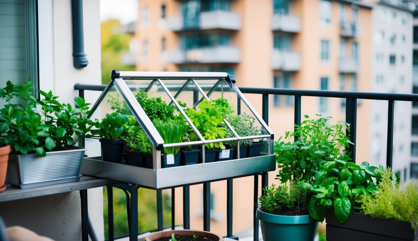 A cozy urban balcony with a small, sleek mini greenhouse filled with vibrant green plants and herbs, neatly organized to maximize space