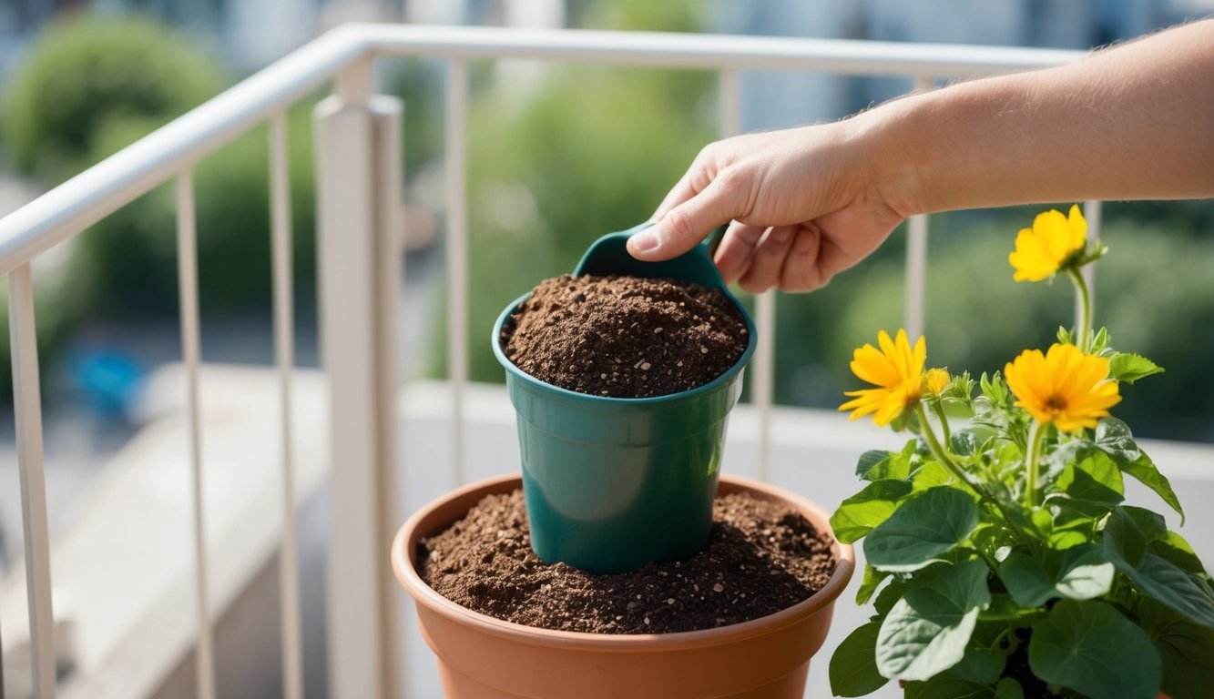 A hand scoops lightweight potting mix into a flower pot on a balcony, aiding drainage for successful flower growth