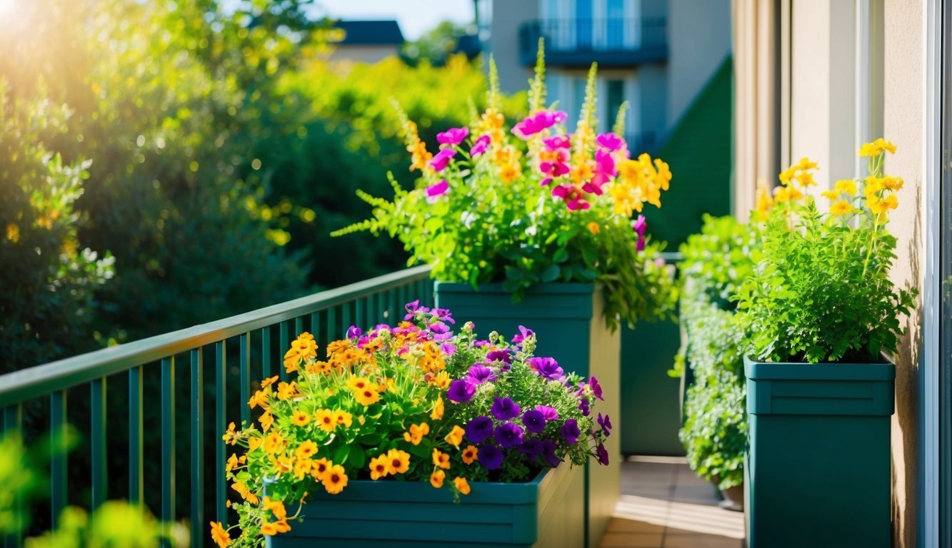 A balcony with colorful flowers flourishing in self-watering planters, surrounded by greenery and bathed in sunlight