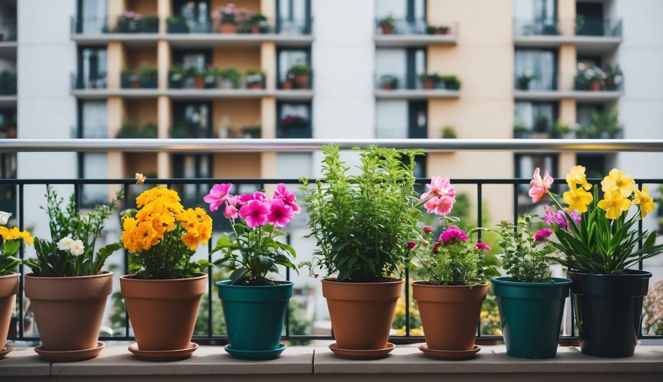 A balcony with a variety of potted flowers grouped together based on their similar water needs.</p><p>Each plant is thriving in its designated area