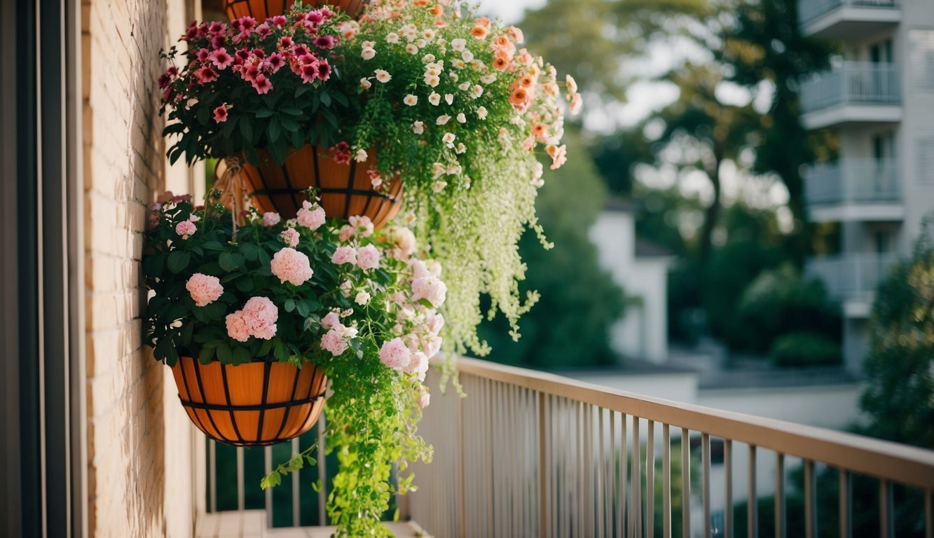 Lush flowers cascade from hanging baskets on a balcony, utilizing vertical space