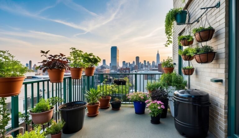 Balcony garden with city skyline view, various potted plants, and hanging baskets
