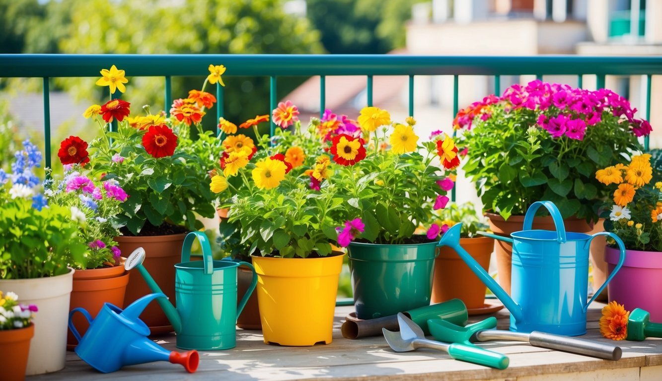 A colorful array of potted flowers thriving on a sunny balcony, surrounded by gardening tools and watering cans.</p><p>The plants are flourishing and blooming with vibrant petals