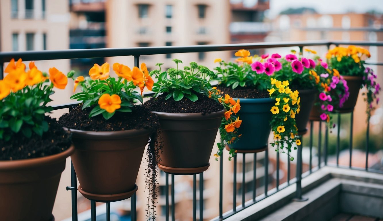 A balcony with pots of various sizes filled with a rich, dark soil mix.</p><p>Brightly colored flowers in full bloom cascade over the edges of the pots