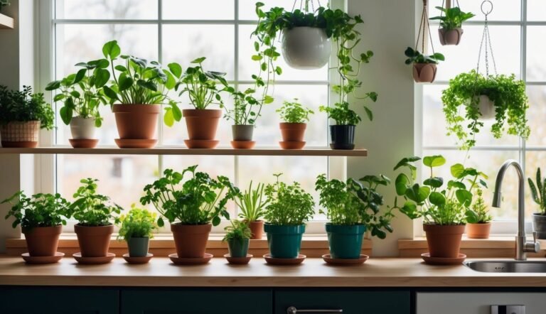 Various potted plants on a windowsill and countertop in a kitchen