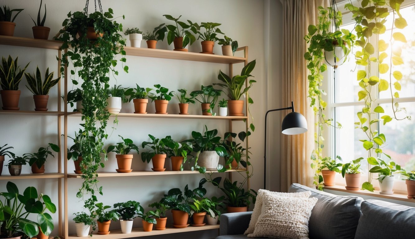 A cozy living room with shelves filled with potted plants, hanging planters, and a lush green vine cascading down from a high shelf.</p><p>Sunlight streams in through the window, illuminating the greenery