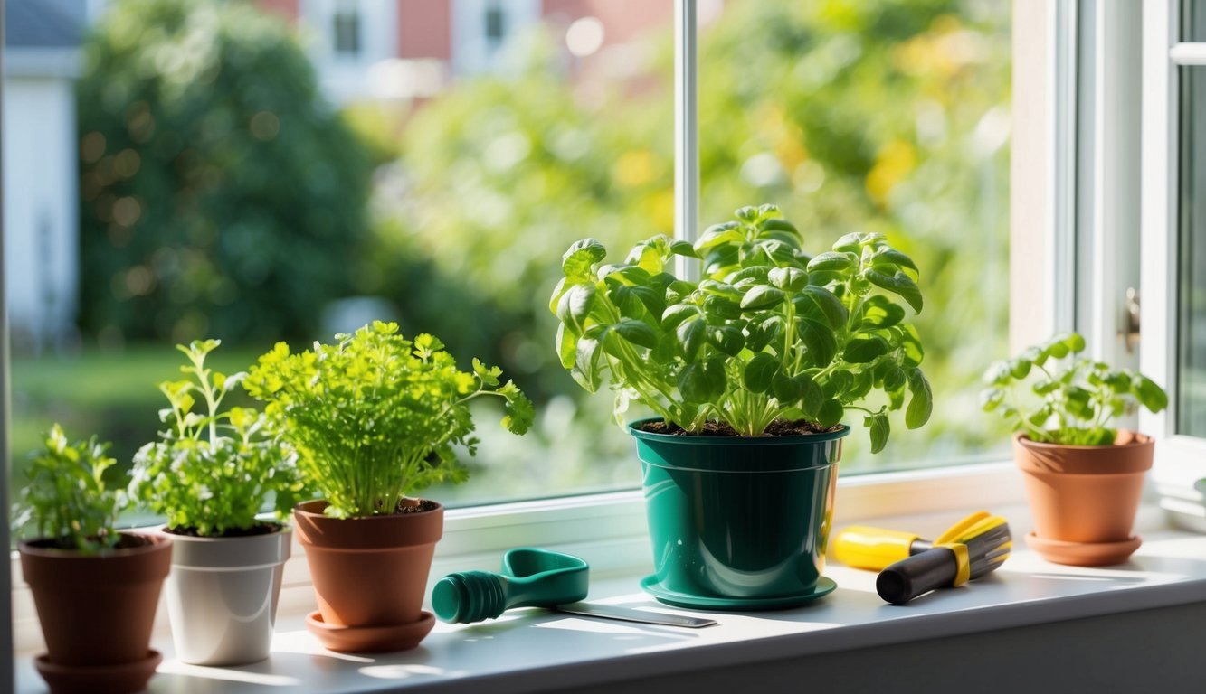 A small window herb garden kit with pots, plants, and tools on a sunny windowsill