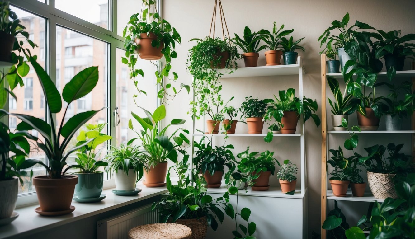 Lush plants fill every corner of a cozy apartment: hanging from the ceiling, perched on shelves, and spilling out of decorative pots