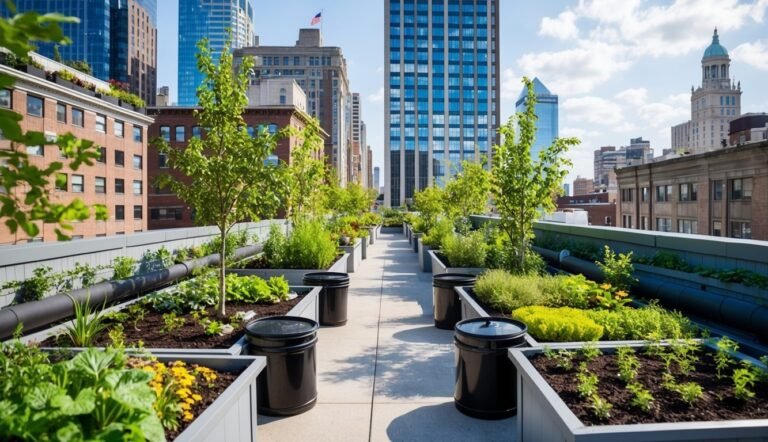 Rooftop garden with trees, plants, and planters, surrounded by city buildings